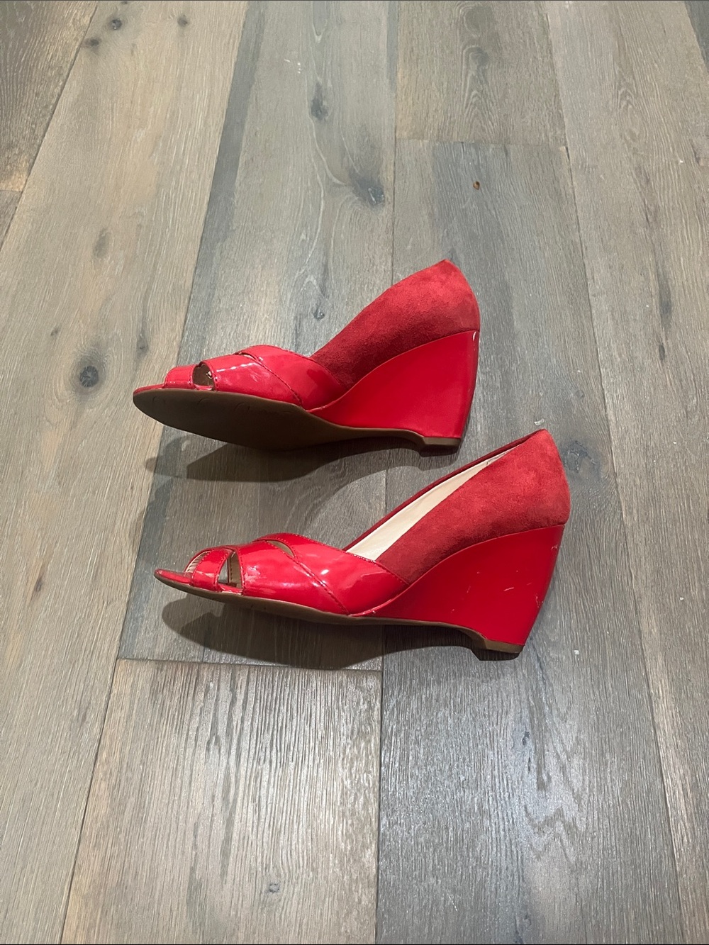 Franco Sarto Red Patent Peep-Toe Heels - Picture 2 of 6